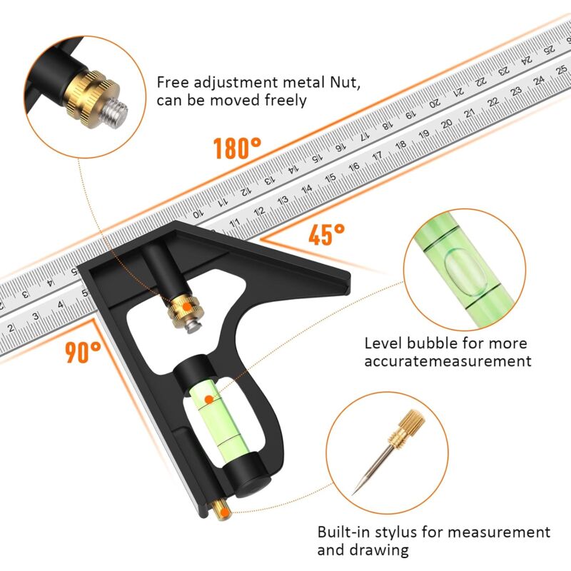 Combination Square, 12'/300Mm Stainless Steel Square Carpentry Tools, 45/90 Degree Ruler With Spirit Level. V1188-MS-227-1553