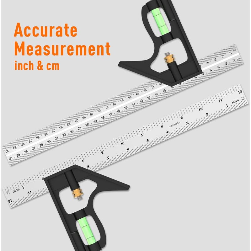 Combination Square, 12'/300Mm Stainless Steel Square Carpentry Tools, 45/90 Degree Ruler With Spirit Level. V1188-MS-227-1553