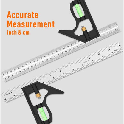 Combination Square, 12'/300Mm Stainless Steel Square Carpentry Tools, 45/90 Degree Ruler With Spirit Level. V1188-MS-227-1553