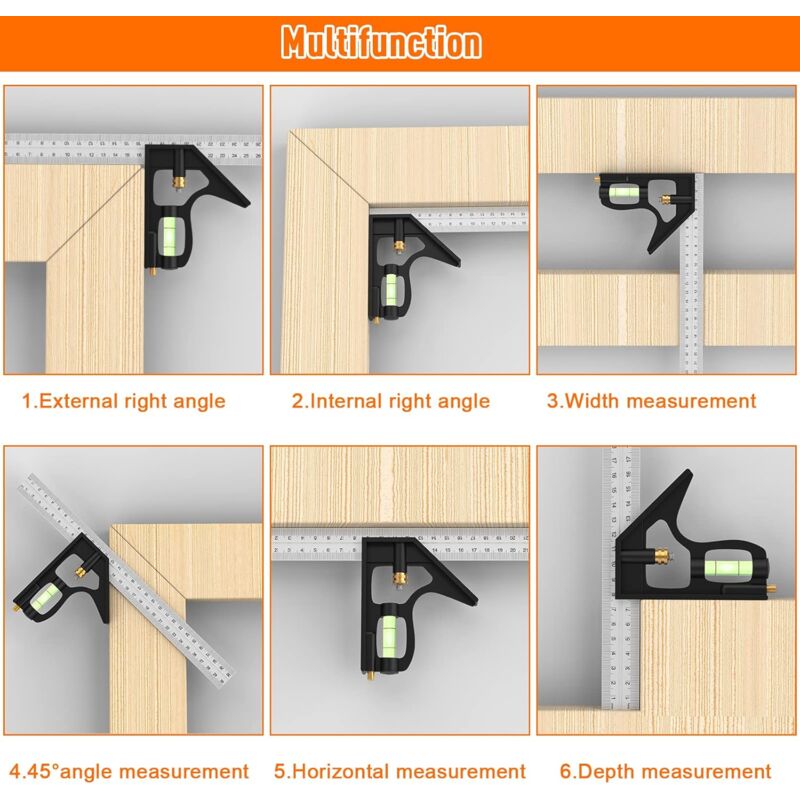 Combination Square, 12'/300Mm Stainless Steel Square Carpentry Tools, 45/90 Degree Ruler With Spirit Level. V1188-MS-227-1553