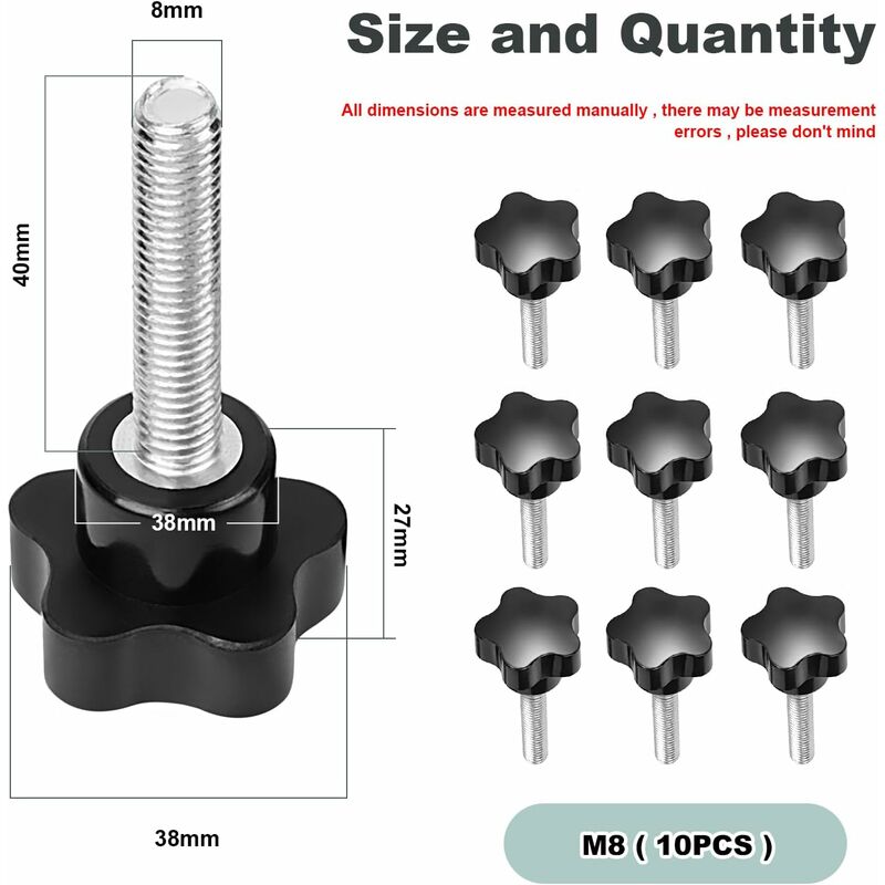 10 pcs M8X40 Female Thread Nut Clamping Handle Star Shape Hand Knobs Black Plastic Screw-In Handle Clamping V1188-MS-227-1554