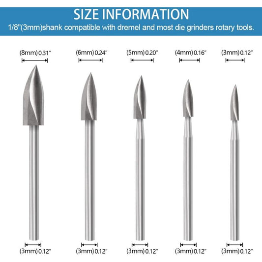 Wood Carving Bit Set For ROtary Tool, 5 Pieces Wood Carving Bits With 1/8 Inch Shank For Diy Woodworking, V1188-MS-227-1562