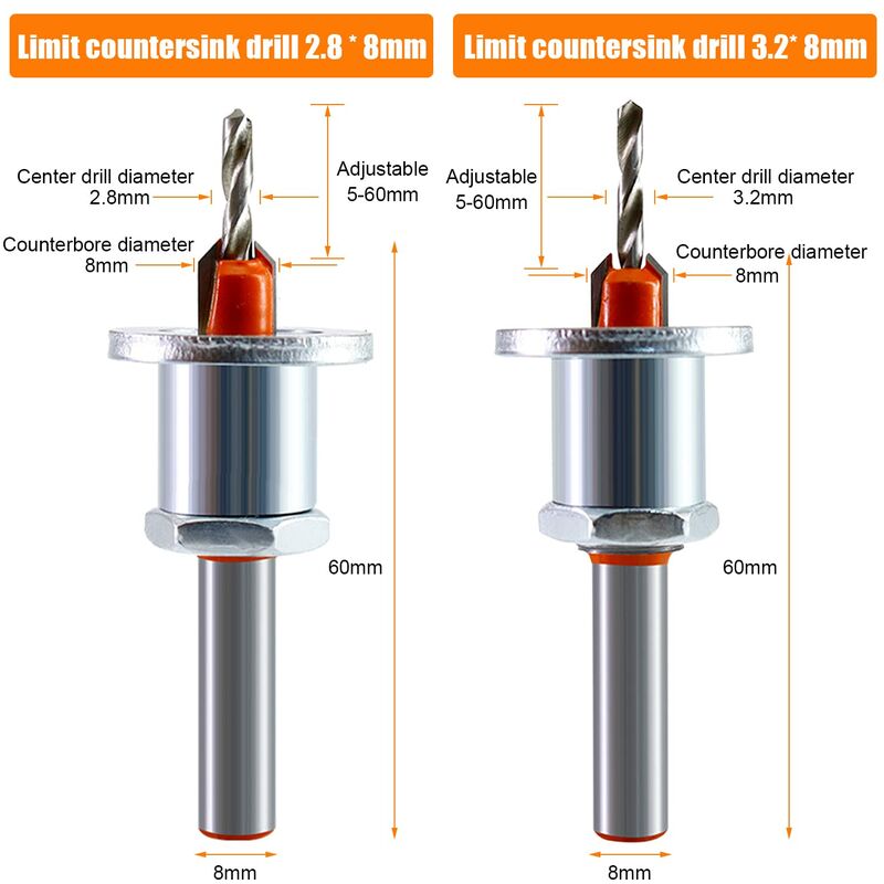 2 pcs Wood Drill Bits, Hss Drill Bit Set, 8Mm Steel Countersink Drill Bits, Countersink Drill Bit Set For V1188-MS-227-1565