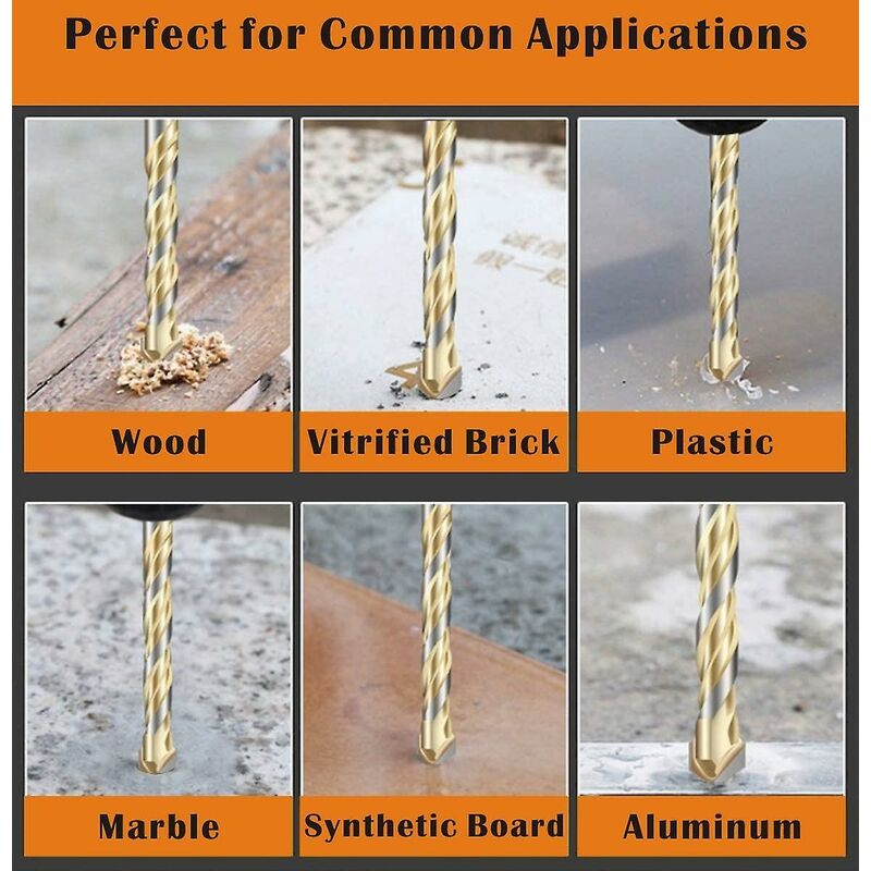 Multi-Material Drill Bit Set With Double Groove Carbide Tip For Tile, Concrete, Brick, Glass, Plastic, Wood, V1188-MS-227-1572