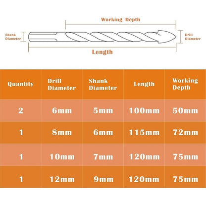 Multi-Material Drill Bit Set With Double Groove Carbide Tip For Tile, Concrete, Brick, Glass, Plastic, Wood, V1188-MS-227-1572