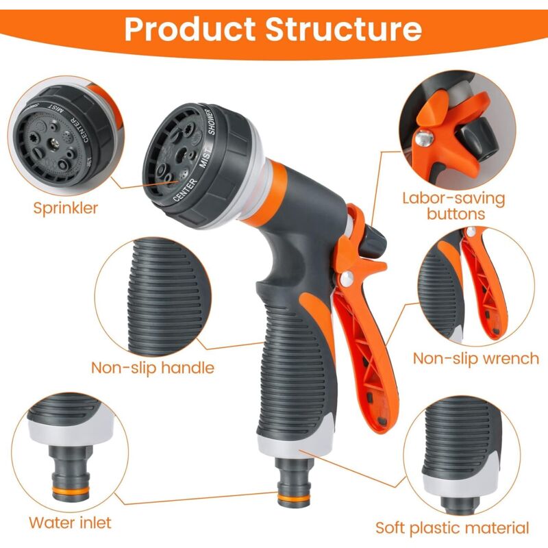 Garden Sprayer, 8 Watering Modes Watering Gun With 4 Interface For Car Washing, Gardens, Plants, Pets V1188-MS-227-1585