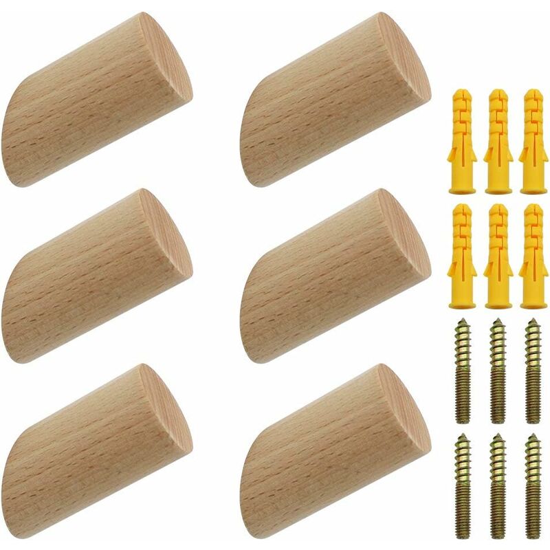 6 pcs Set Beech Wood Wall Hooks 3X6Cm Cylinder Wall Mounted Coat Hook Decorative Hook For Coat Hat Scarf Bag V1188-MS-227-1593