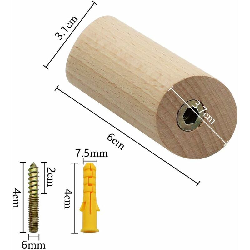 6 pcs Set Beech Wood Wall Hooks 3X6Cm Cylinder Wall Mounted Coat Hook Decorative Hook For Coat Hat Scarf Bag V1188-MS-227-1593