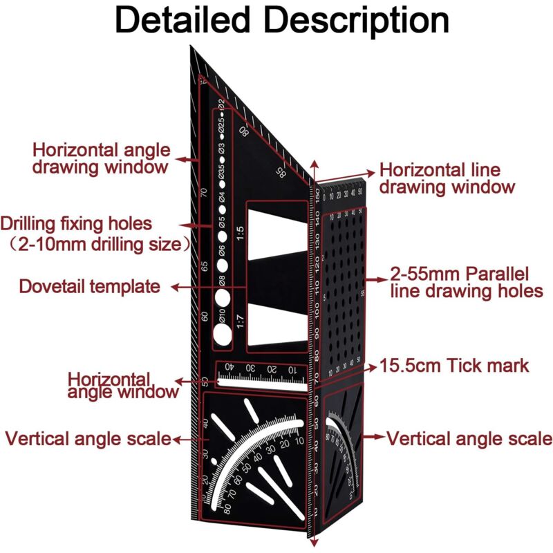 3D Aluminum Alloy Carpenter Square, 90 To 45 Degree Professional Angle Ruler, Woodworking Measuring Ruler V1188-MS-227-1606