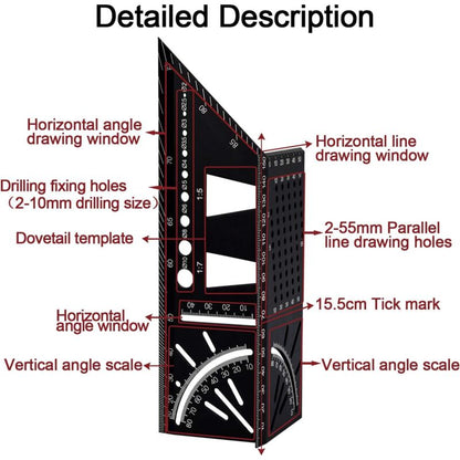 3D Aluminum Alloy Carpenter Square, 90 To 45 Degree Professional Angle Ruler, Woodworking Measuring Ruler V1188-MS-227-1606
