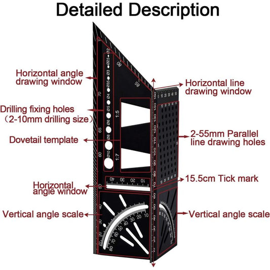 3D Aluminum Alloy Carpenter Square, 90 To 45 Degree Professional Angle Ruler, Woodworking Measuring Ruler V1188-MS-227-1606