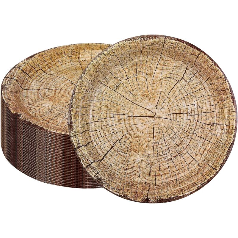 50 Pack 9" Rustic Wood Grain Paper Plates Disposable (Wood Grain 02) V1188-MS-227-1636
