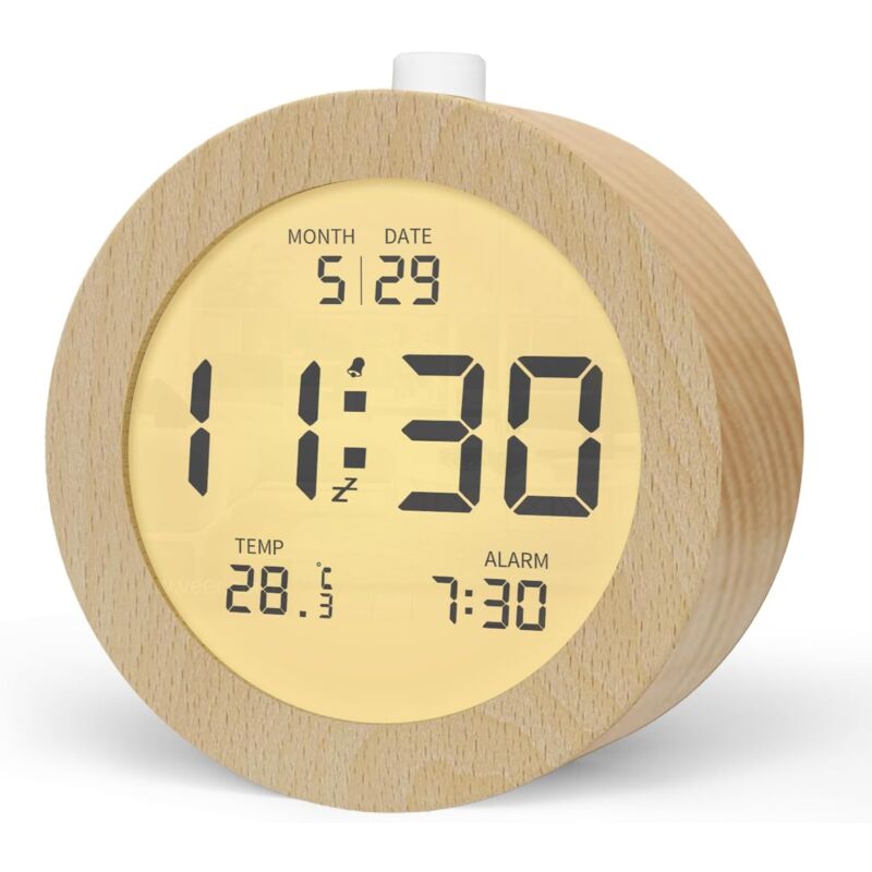 Wooden Digital Alarm Clock, Lcd Digital Clock With DAte, Temperature, Snooze, Backlight, Battery Powered V1188-MS-227-1651