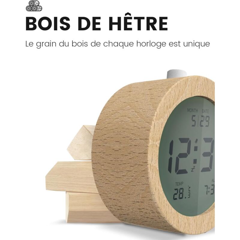 Wooden Digital Alarm Clock, Lcd Digital Clock With DAte, Temperature, Snooze, Backlight, Battery Powered V1188-MS-227-1651