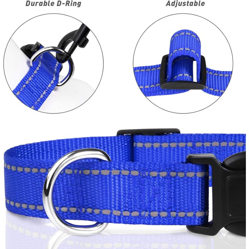 Dog Collar, Classic Adjustable Reflective Nylon Collar Suitable For Medium Dogs, DArk Blue, 2.5Cm Width V1188-MS-227-1652