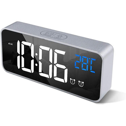 Digital Alarm Clock With Large LED Temperature Display, Portable Mirror Alarm Clock With Dual Alarms (Silver) V1188-MS-227-1654