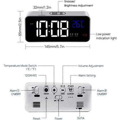 Digital Alarm Clock With Large LED Temperature Display, Portable Mirror Alarm Clock With Dual Alarms (Silver) V1188-MS-227-1654