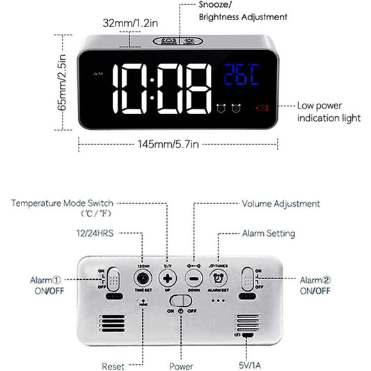 Digital Alarm Clock With Large LED Temperature Display, Portable Mirror Alarm Clock With Dual Alarms (Silver) V1188-MS-227-1654