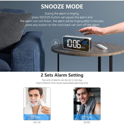 Digital Alarm Clock With Large LED Temperature Display, Portable Mirror Alarm Clock With Dual Alarms (Silver) V1188-MS-227-1654