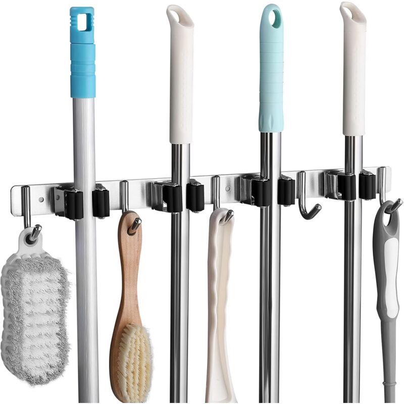 Stainless Steel Wall Mounted Broom Holder, Wall Mounted Broom Hanger With 4 Slots And 5 Hooks For Kitchen, V1188-MS-227-1668
