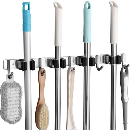 Stainless Steel Wall Mounted Broom Holder, Wall Mounted Broom Hanger With 4 Slots And 5 Hooks For Kitchen, V1188-MS-227-1668