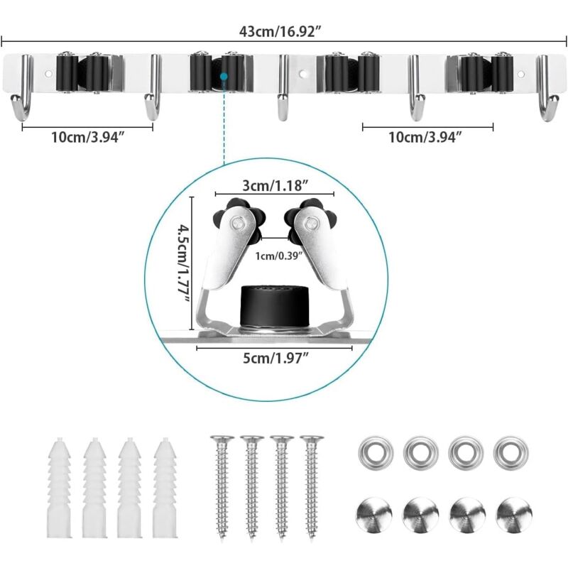 Stainless Steel Wall Mounted Broom Holder, Wall Mounted Broom Hanger With 4 Slots And 5 Hooks For Kitchen, V1188-MS-227-1668
