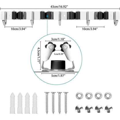 Stainless Steel Wall Mounted Broom Holder, Wall Mounted Broom Hanger With 4 Slots And 5 Hooks For Kitchen, V1188-MS-227-1668