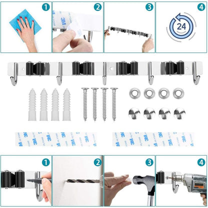 Stainless Steel Wall Mounted Broom Holder, Wall Mounted Broom Hanger With 4 Slots And 5 Hooks For Kitchen, V1188-MS-227-1668