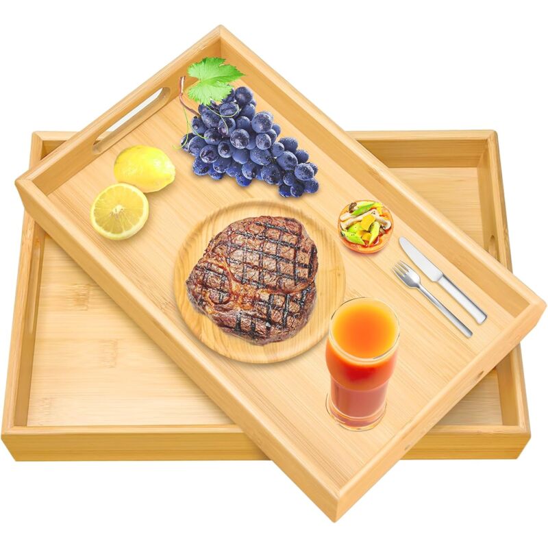 2 pcs Bamboo Serving Trays, Wooden Tray, Rectangular Serving Tray With Handles, Breakfast Tray Serving Tray V1188-MS-227-1680