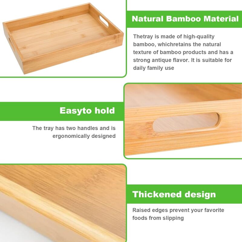 2 pcs Bamboo Serving Trays, Wooden Tray, Rectangular Serving Tray With Handles, Breakfast Tray Serving Tray V1188-MS-227-1680