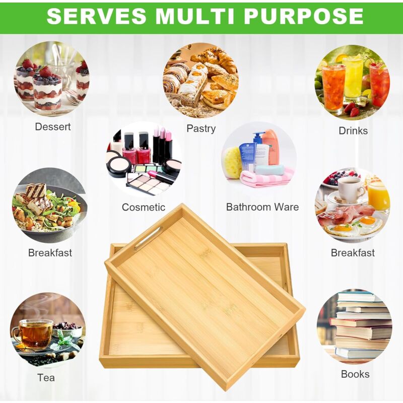 2 pcs Bamboo Serving Trays, Wooden Tray, Rectangular Serving Tray With Handles, Breakfast Tray Serving Tray V1188-MS-227-1680