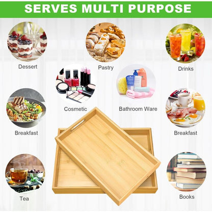 2 pcs Bamboo Serving Trays, Wooden Tray, Rectangular Serving Tray With Handles, Breakfast Tray Serving Tray V1188-MS-227-1680