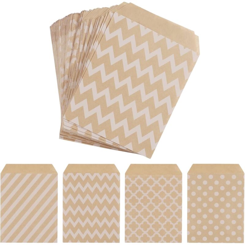 100 Pack Kraft Paper Candy Bags, Candy Cookie Favor Snacks Buffet Grocery Packaging, 4 Different Style No Wax V1188-MS-227-1694