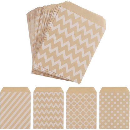 100 Pack Kraft Paper Candy Bags, Candy Cookie Favor Snacks Buffet Grocery Packaging, 4 Different Style No Wax V1188-MS-227-1694
