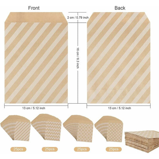 100 Pack Kraft Paper Candy Bags, Candy Cookie Favor Snacks Buffet Grocery Packaging, 4 Different Style No Wax V1188-MS-227-1694