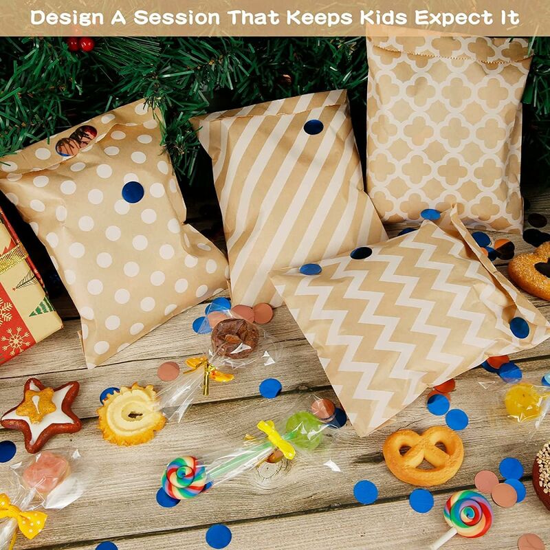 100 Pack Kraft Paper Candy Bags, Candy Cookie Favor Snacks Buffet Grocery Packaging, 4 Different Style No Wax V1188-MS-227-1694