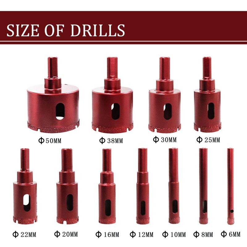 Diamond Hole Saw Set, Diamond Core Drill Bit For Tile/Glass/Marble (6Mm-50Mm 11 pcs) V1188-MS-227-1696