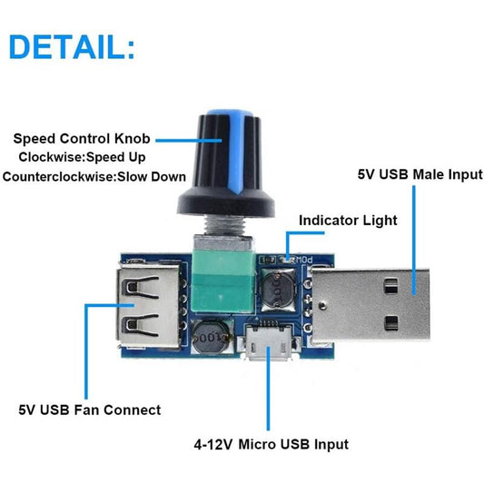 3 pcs 5W Usb Fan Speed Controller, Dc 5V Dc 4-12V To 2.5-8V Stepless Usb Fan Regulator Speed Control Knob V1188-MS-227-1698