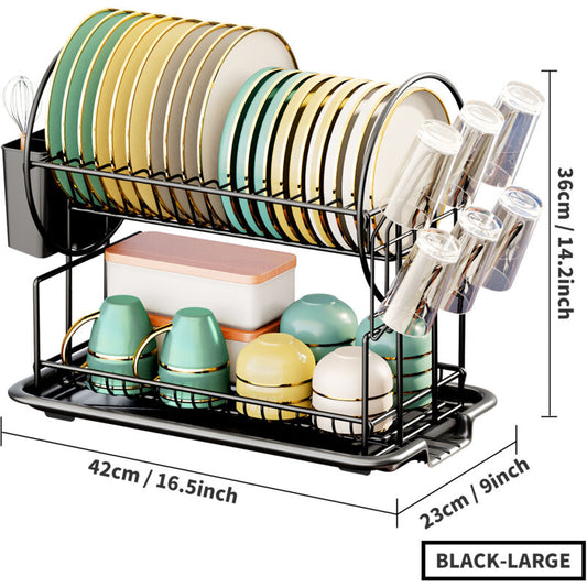 Black 2-Tier Kitchen Dish Drainer, Stainless Steel With Utensil Holder And Drip Tray V1188-MS-227-1710