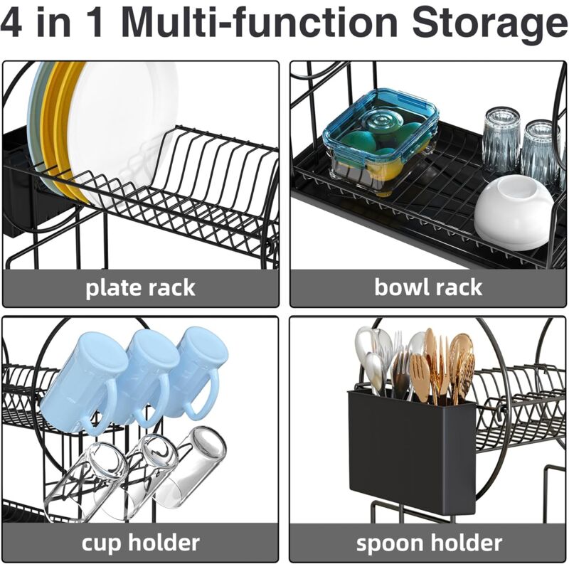 Black 2-Tier Kitchen Dish Drainer, Stainless Steel With Utensil Holder And Drip Tray V1188-MS-227-1710