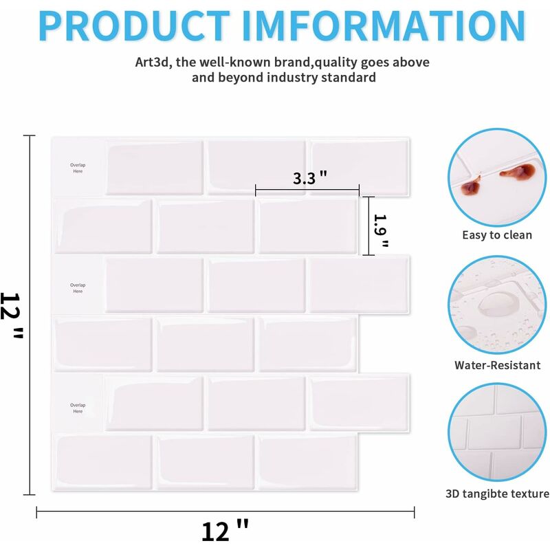 10 pcs White Subway Tiles Self Adhesive Kitchen Bathroom Backsplash 3D Vinyl Brick Adhesive Paper 30X30Cm V1188-MS-227-1718