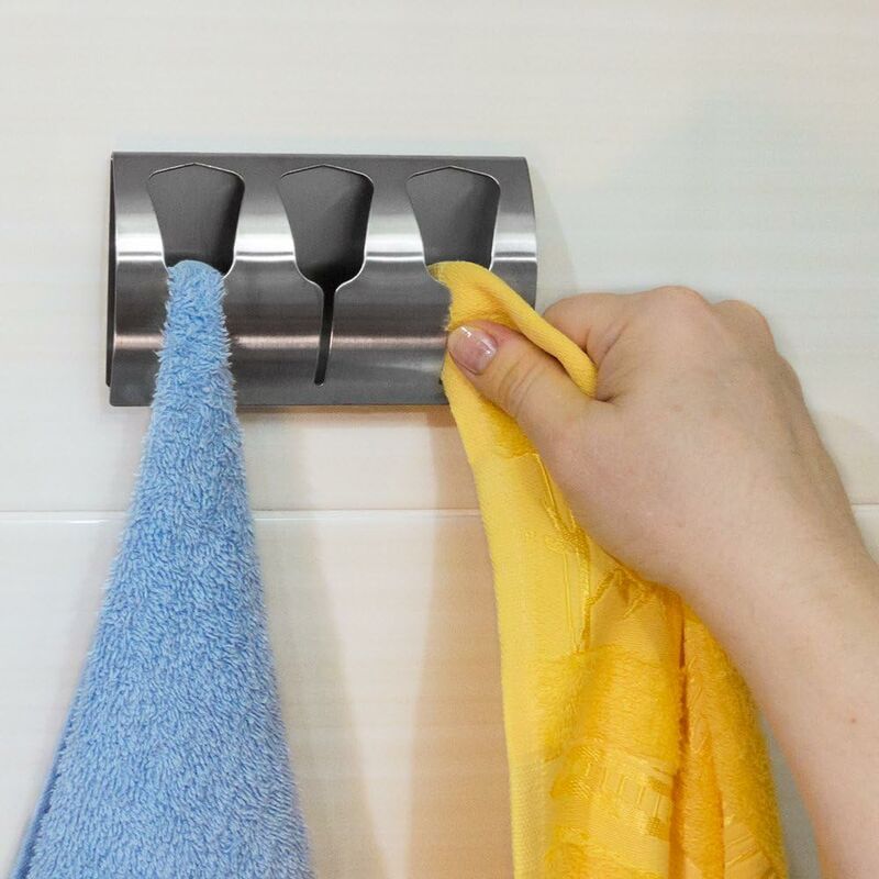 Adhesive Bathroom Towel Holder, Kitchen Towel Rack With 3 Brushed Stainless Steel Hooks, 10 Kg V1188-MS-227-1749