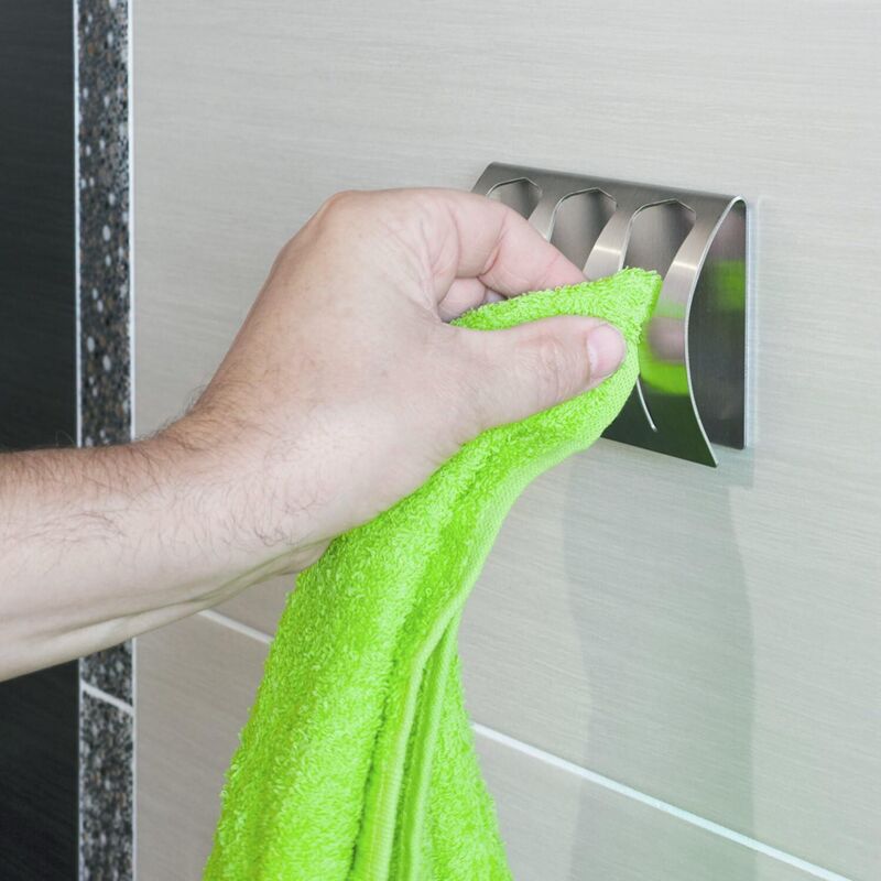 Adhesive Bathroom Towel Holder, Kitchen Towel Rack With 3 Brushed Stainless Steel Hooks, 10 Kg V1188-MS-227-1749