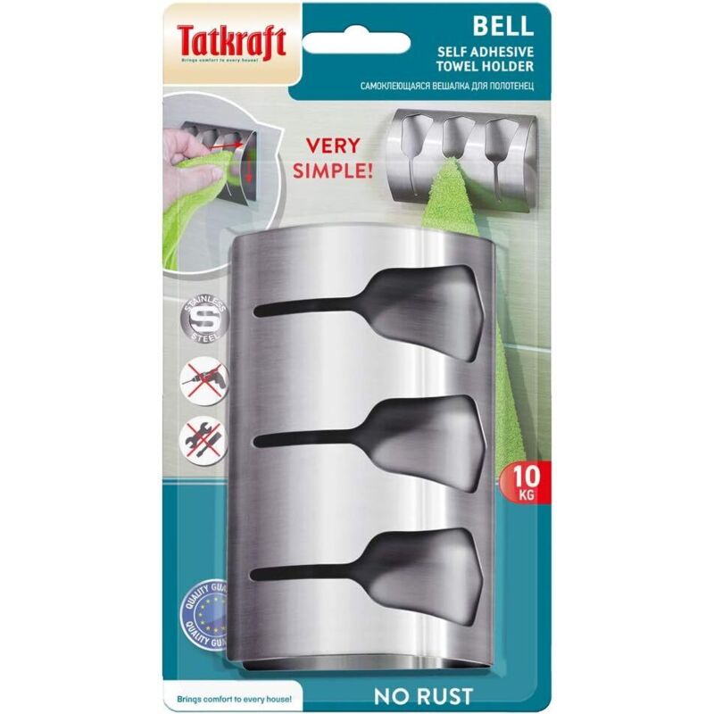 Adhesive Bathroom Towel Holder, Kitchen Towel Rack With 3 Brushed Stainless Steel Hooks, 10 Kg V1188-MS-227-1749