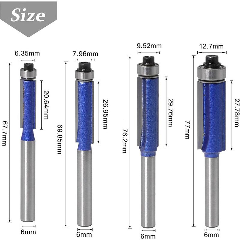 4Pc Flush Trim ROuter Bit Set - 6Mm Shank - Ball Bearings - Grooving ROuter Bit - Wood ROuter Bit - Grooving V1188-MS-227-1762