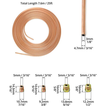 7.6M Brake Copper Hose, Brake Pipe Tube, Od 4.76Mm, Id 3.3Mm With 16 Nuts V1188-MS-227-1800