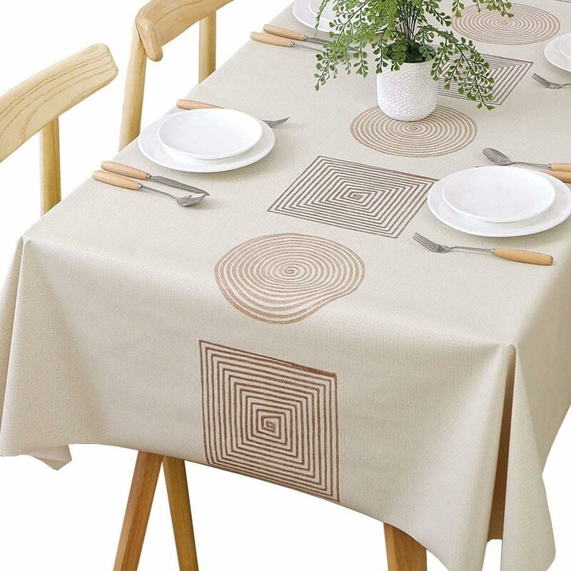 Rectangular Waterproof Pvc Tablecloth, 140 X 220Cm Plastic Table Cloth Stain And Oil Resistant, Beige V1188-MS-227-1804