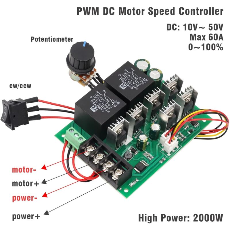 Dc Motor Controller, Dc 9-50V 40A Reversible Dc Motor Speed Controller To 12V 24V 36V 48V 2000W Reversible V1188-MS-227-1812