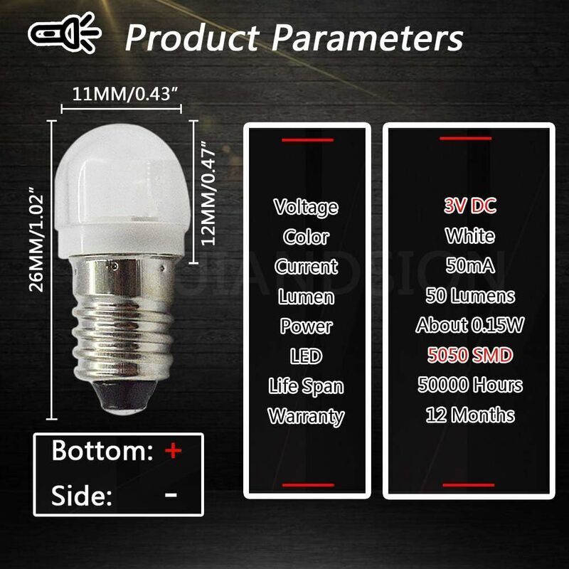 4 pcs 3V 0.2W E10 LED Bulb 5050 1Smd White 3000K LED Replacement Bulb Upgrade For Headlights Flashlights V1188-MS-227-1849