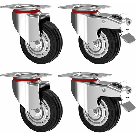 4 pcs Set 75Mm Swivel Castors With Brake - Furniture Castors Up To 50Kg Per Wheel - Heavy Duty - Rubber For V1188-MS-227-1870